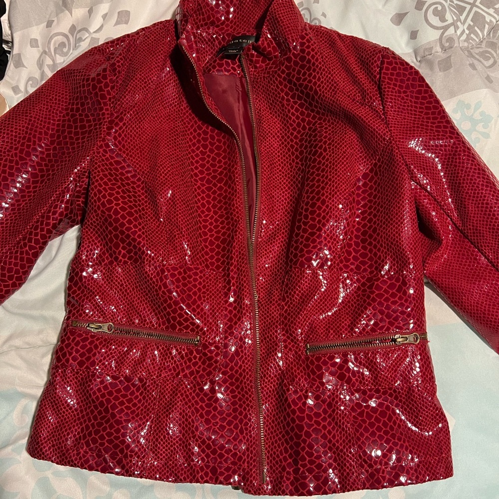 Bagatelle Vibrant Red Vegan Leather Jacket with Shiny Finish